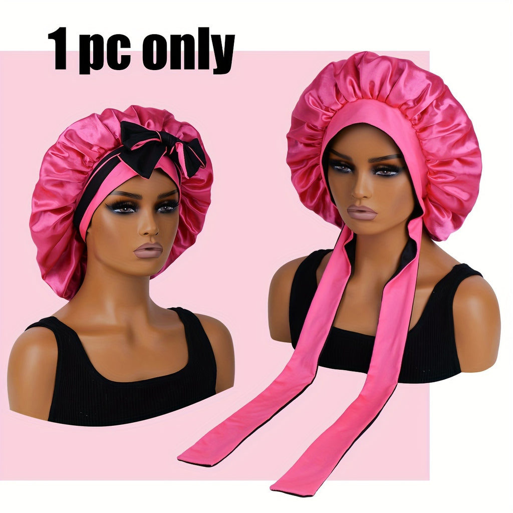 1pc Bonnet en satin de sommeil réversible à double couche avec longues bretelles, accessoire de soins capillaires pour femmes, outils capillaires de salon de beauté