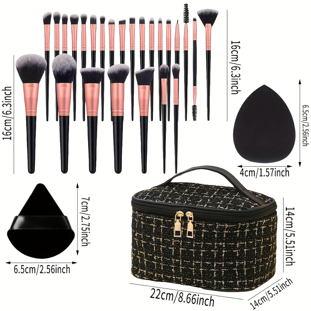 26pcs/47pcs de kit de maquillage complet noir tendance, sac de maquillage portable de grande capacité, pour répondre à tous vos besoins de beauté, cheveux en fibre douce pour beige clair sensible
