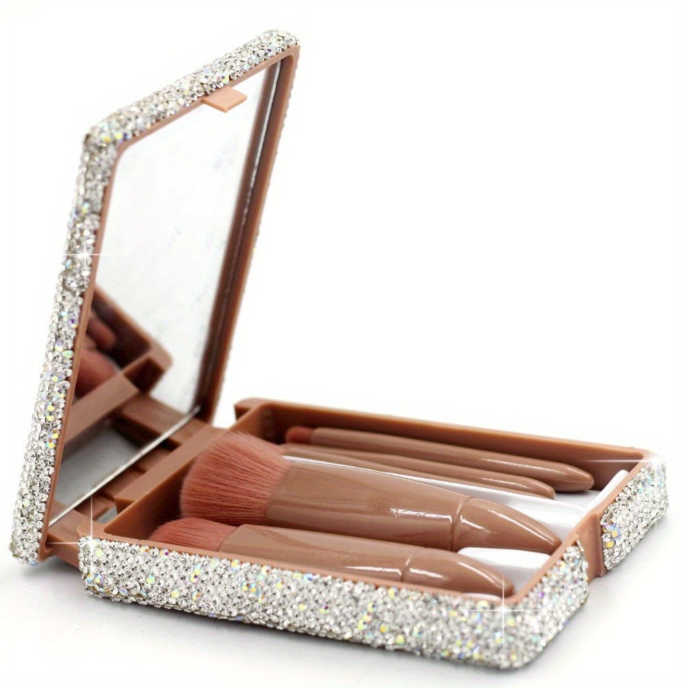 Portable Barrel Makeup Brush Set 5 Pieces for Eyeshadow, Eyebrow, and Makeup Application with Crystal Bling Gift Case - Gift Set Mother's Day Gift