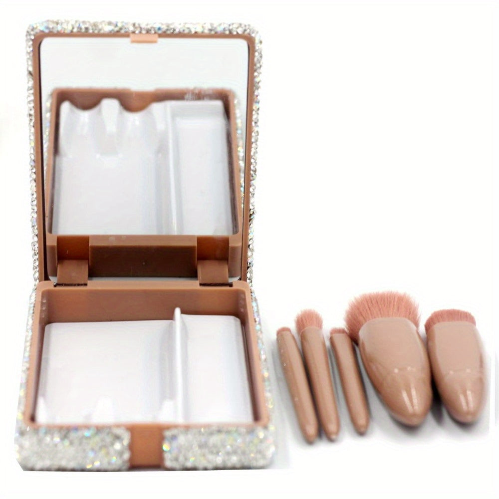 Portable Barrel Makeup Brush Set 5 Pieces for Eyeshadow, Eyebrow, and Makeup Application with Crystal Bling Gift Case - Gift Set Mother's Day Gift