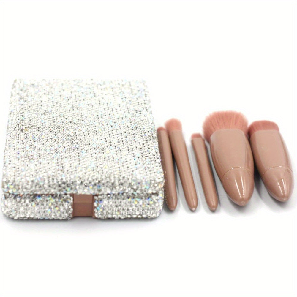 Portable Barrel Makeup Brush Set 5 Pieces for Eyeshadow, Eyebrow, and Makeup Application with Crystal Bling Gift Case - Gift Set Mother's Day Gift