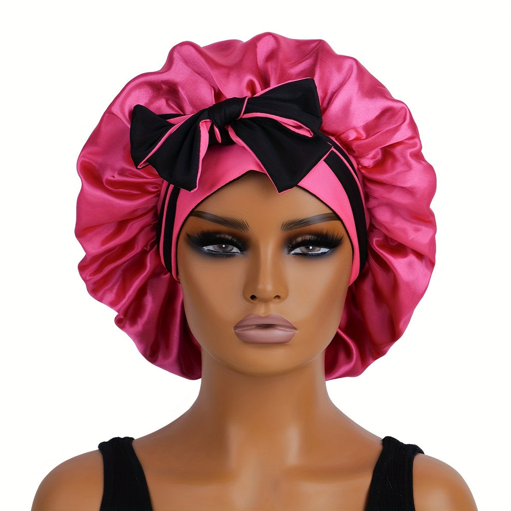 1pc Bonnet en satin de sommeil réversible à double couche avec longues bretelles, accessoire de soins capillaires pour femmes, outils capillaires de salon de beauté