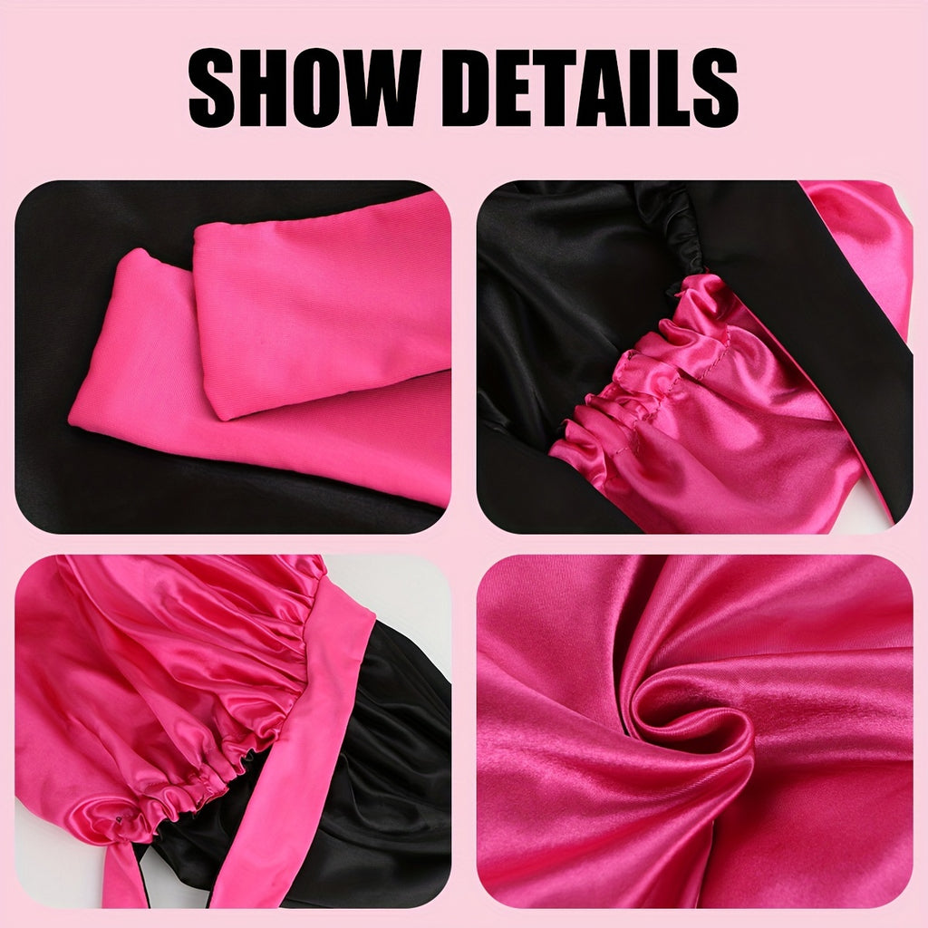 1pc Bonnet en satin de sommeil réversible à double couche avec longues bretelles, accessoire de soins capillaires pour femmes, outils capillaires de salon de beauté
