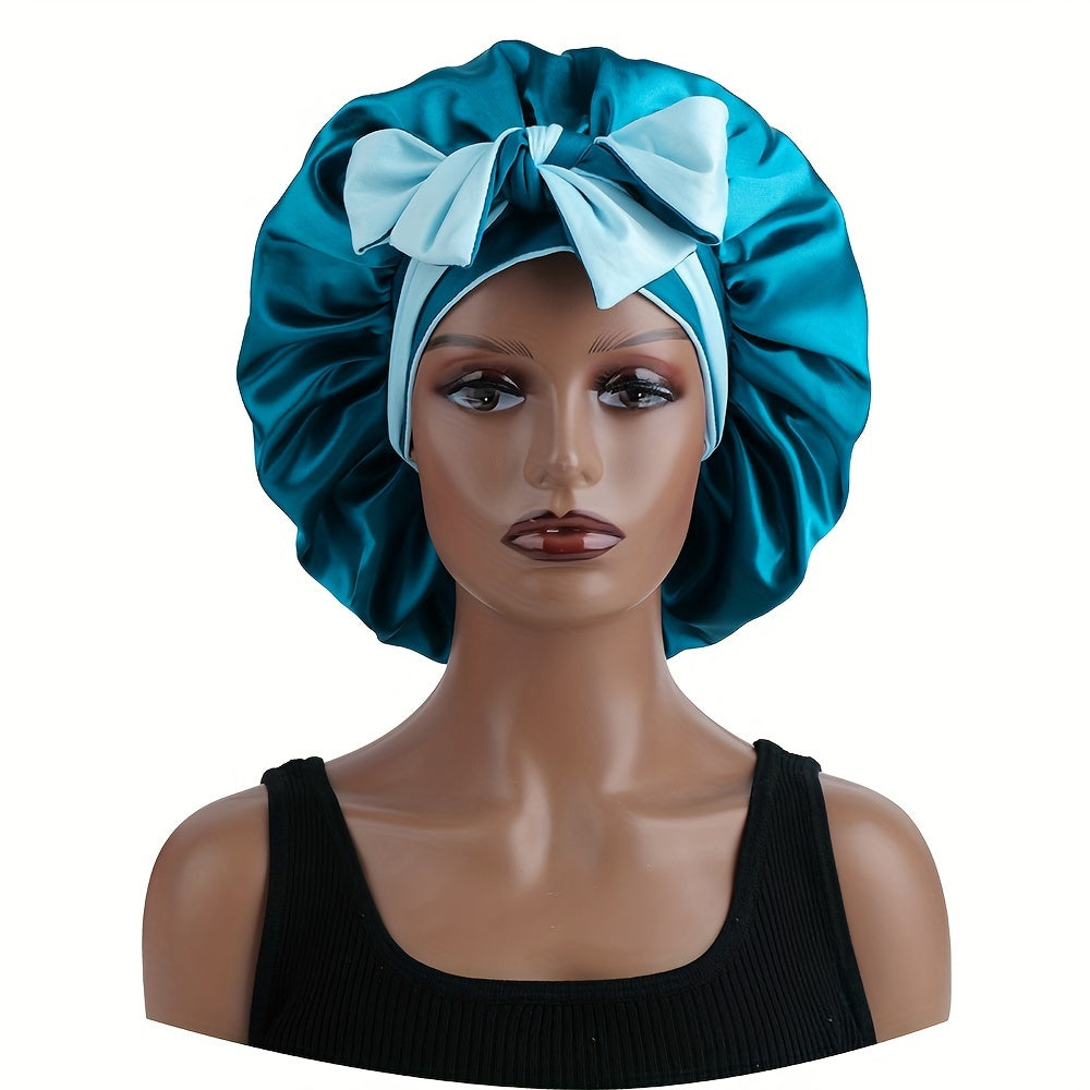 1pc Bonnet en satin de sommeil réversible à double couche avec longues bretelles, accessoire de soins capillaires pour femmes, outils capillaires de salon de beauté