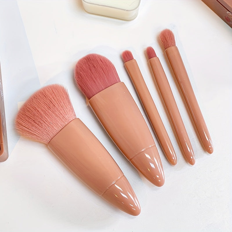 Ensemble de mini pinceaux de maquillage portables 5 pièces/ensemble avec miroir et étui - Poudre à cheveux en fibre douce et pinceaux