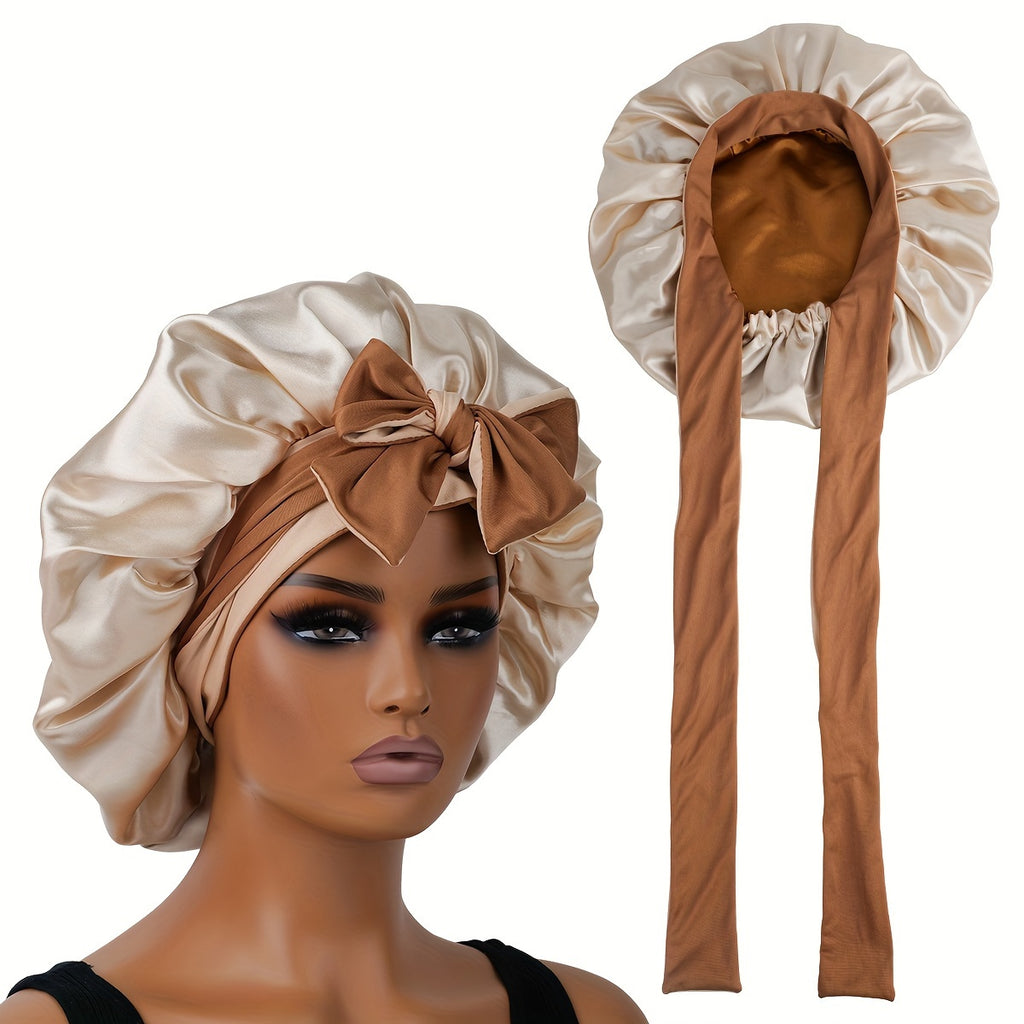1pc Bonnet en satin de sommeil réversible à double couche avec longues bretelles, accessoire de soins capillaires pour femmes, outils capillaires de salon de beauté