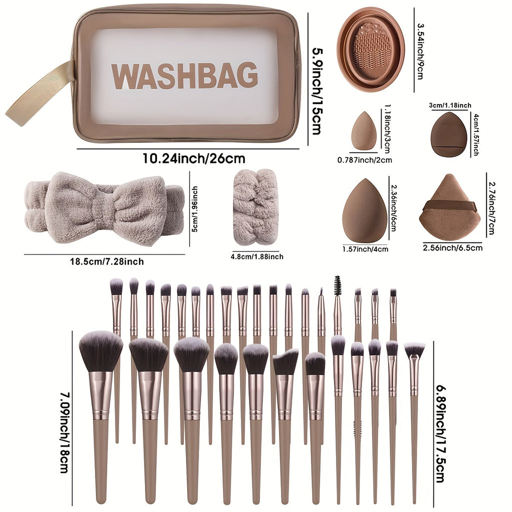 Ensemble de 55 pinceaux de maquillage pour le visage et les yeux avec sac de toilette, 30 brosses, arceaux à cheveux, bracelets, 5 grandes et 5 mini éponges de beauté, 5 ventilateurs et 5 bouffées de pouce, et un bol de nettoyage au pinceau de maquillage