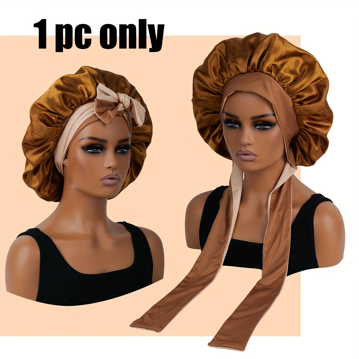 1pc Bonnet en satin de sommeil réversible à double couche avec longues bretelles, accessoire de soins capillaires pour femmes, outils capillaires de salon de beauté