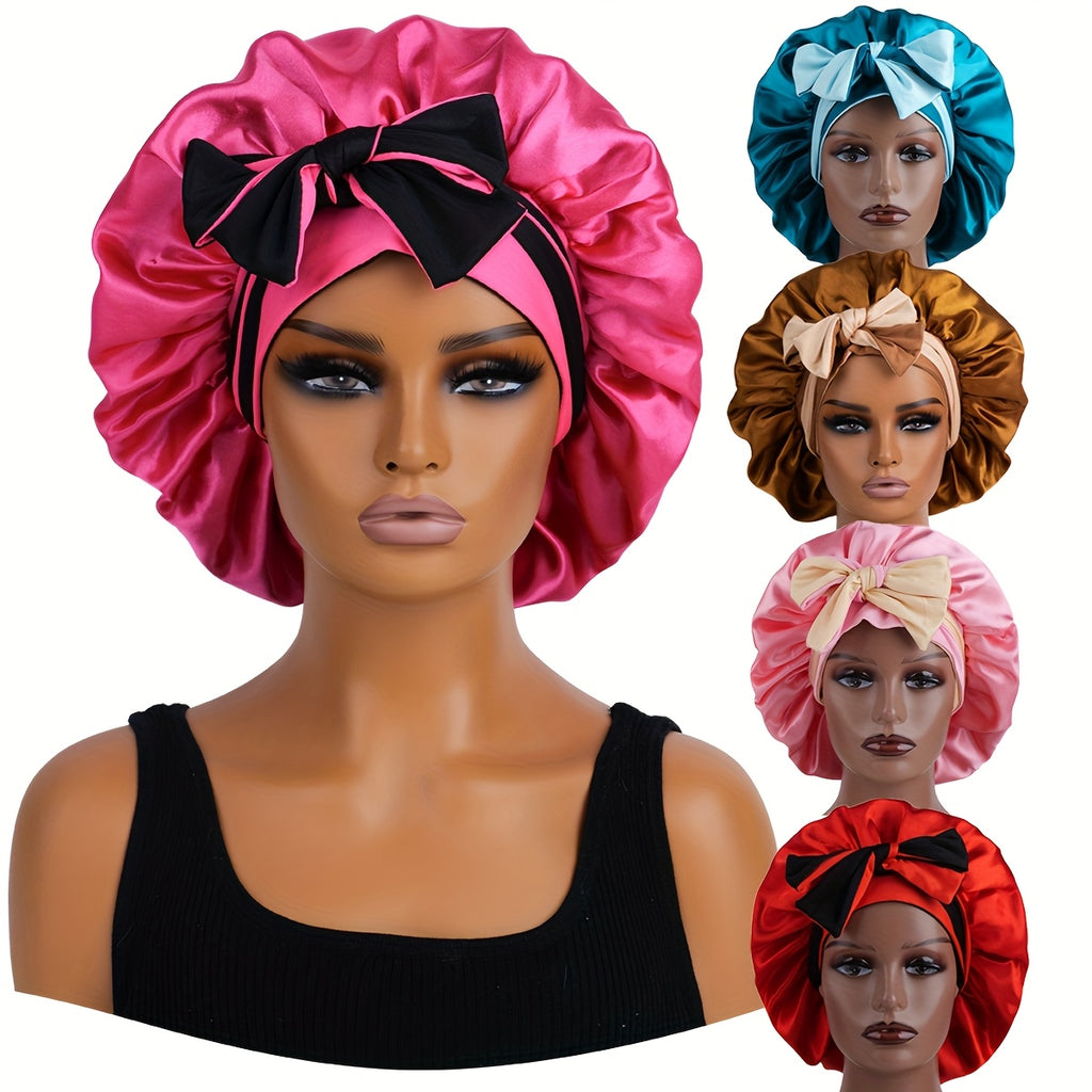1pc Bonnet en satin de sommeil réversible à double couche avec longues bretelles, accessoire de soins capillaires pour femmes, outils capillaires de salon de beauté