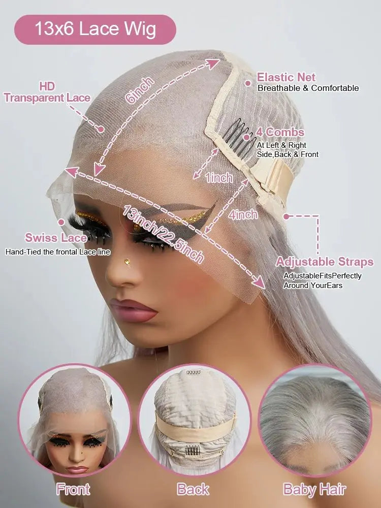 Silver Grey Wigs Straight Lace Front Human Hair Wig 13x6 HD Lace Frontal Wig Colored Wigs Pre Plucked Brazil Hair Wig For Women
