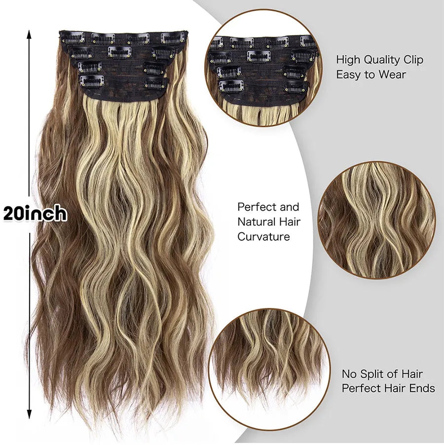 4Pcs/Set 20 Pouces Pince À Cheveux Synthétique Dans De Longues Cheveux Épaisses Ondulées Pour Femmes Extensions De Cheveux