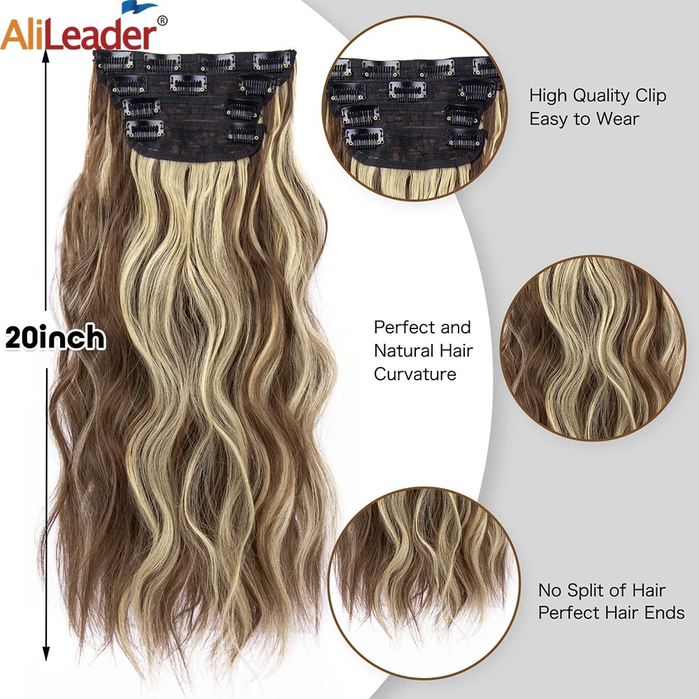 4Pcs/Set 20 Pouces Pince À Cheveux Synthétique Dans De Longues Cheveux Épaisses Ondulées Pour Femmes Extensions De Cheveux