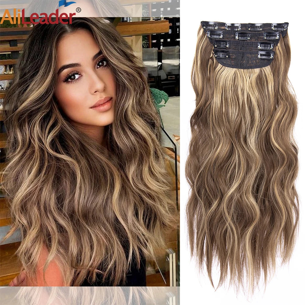 4Pcs/Set 20 Pouces Pince À Cheveux Synthétique Dans De Longues Cheveux Épaisses Ondulées Pour Femmes Extensions De Cheveux