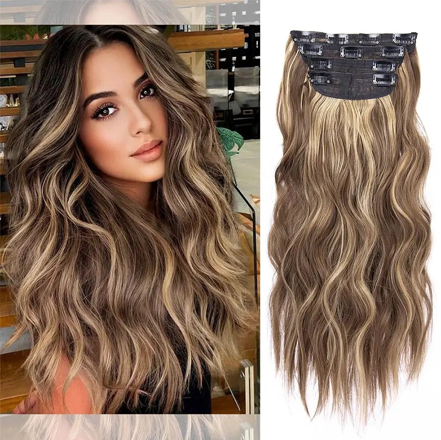 4Pcs/Set 20 Pouces Pince À Cheveux Synthétique Dans De Longues Cheveux Épaisses Ondulées Pour Femmes Extensions De Cheveux
