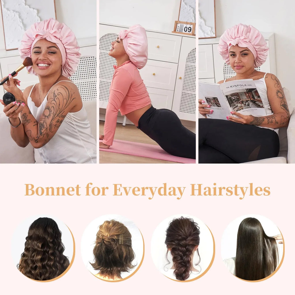 Bonnet en soie FCJ rose pour dormir Housse de cheveux en satin pour cheveux naturels bouclés ondulés Bonnet uni pour femmes et hommes - pour les voyages
