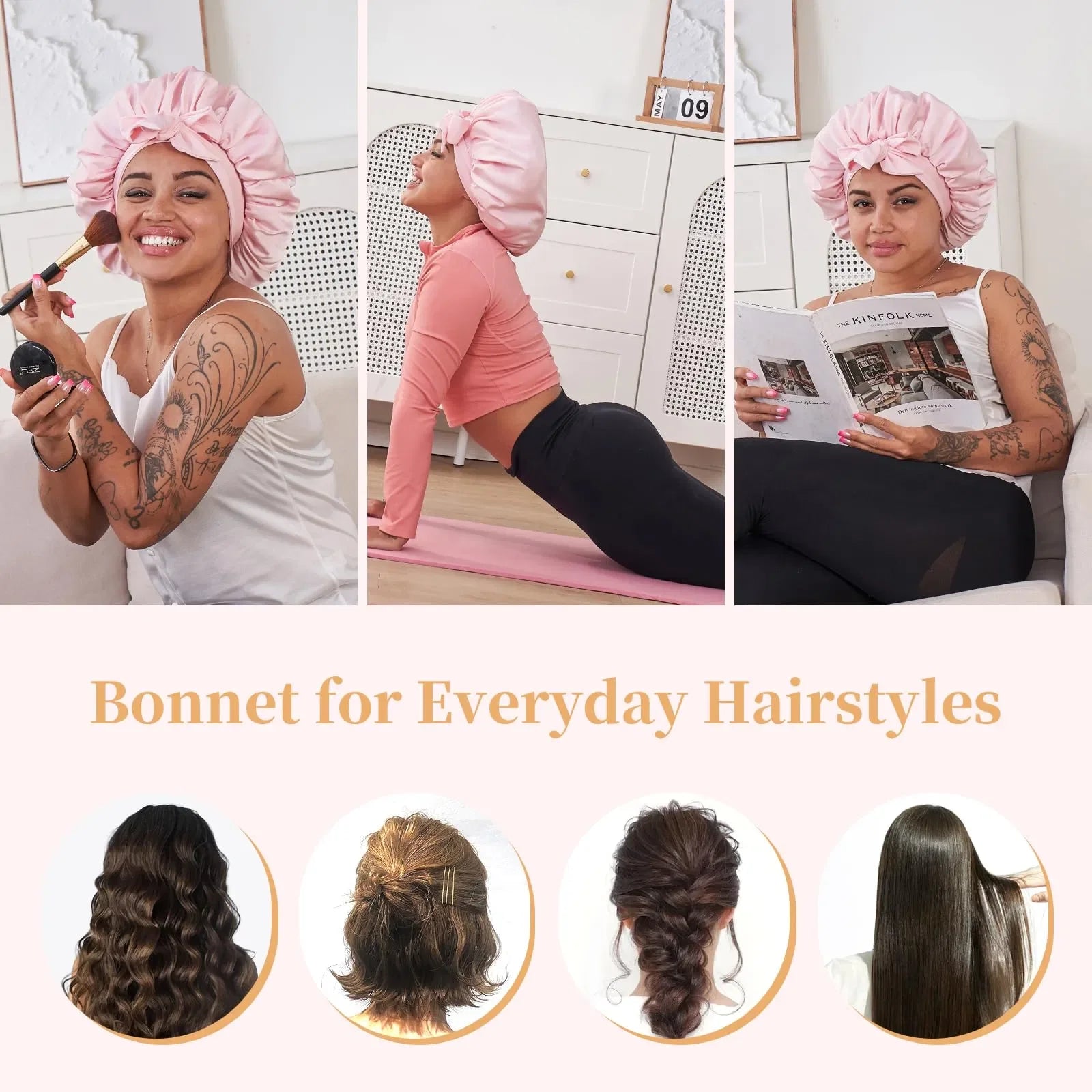 Bonnet en soie FCJ rose pour dormir Housse de cheveux en satin pour cheveux naturels bouclés ondulés Bonnet uni pour femmes et hommes - pour les voyages