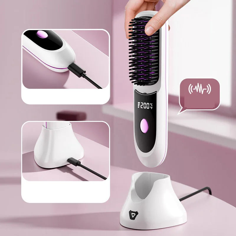 Straightening Brush with Negative Ions Wireless Straightening Brush Gentle on Hair Portable Curling Iron with Stand