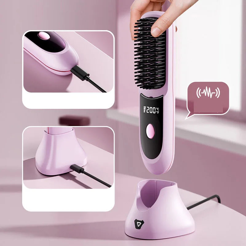 Straightening Brush with Negative Ions Wireless Straightening Brush Gentle on Hair Portable Curling Iron with Stand
