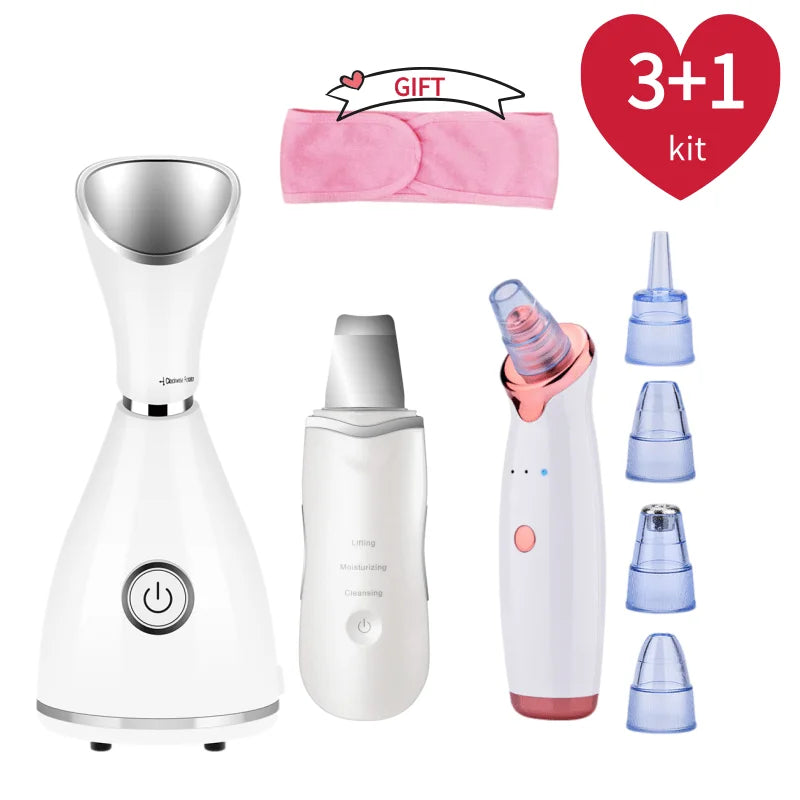 Vaporisateur facial nano ionique, défroisseur de visage chaud, dissolvant de points noirs, aspirateur, gommage pour la peau, brosse de nettoyage du visage en silicone, ensemble de soins de la peau