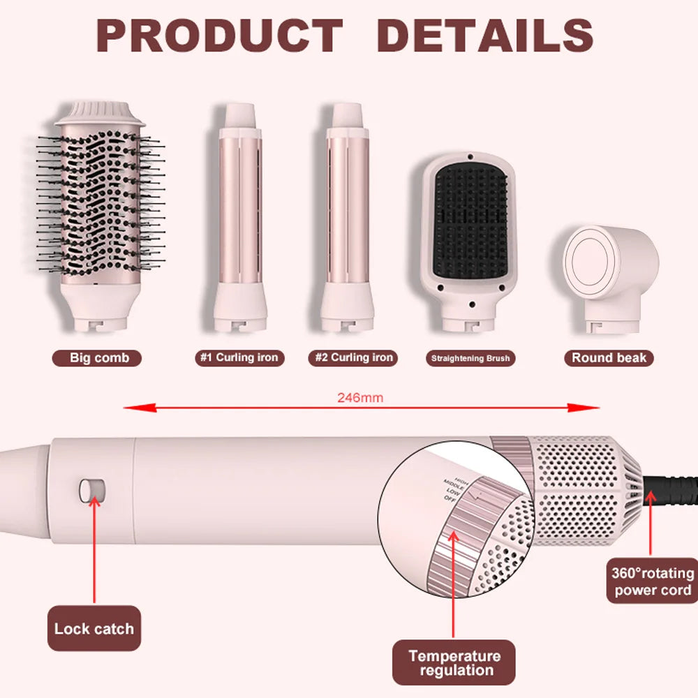 Professional Lightweight 5-in-1 Hair Dryer Styler Electric Hot Cold Air Multifunctional Design for All Hair Types Travel