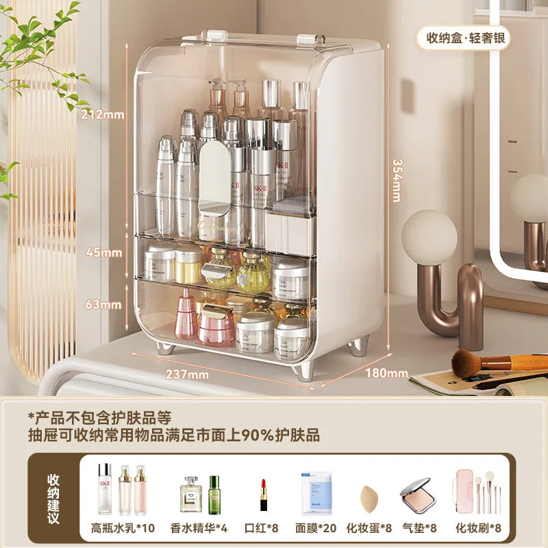 Transparent Large Capacity Storage Cabinet Dustproof Dressing Table Makeup Box Home Use Organizer for Cosmetics Plastic Aluminum