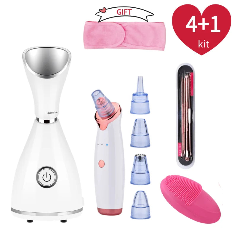 Vaporisateur facial nano ionique, défroisseur de visage chaud, dissolvant de points noirs, aspirateur, gommage pour la peau, brosse de nettoyage du visage en silicone, ensemble de soins de la peau