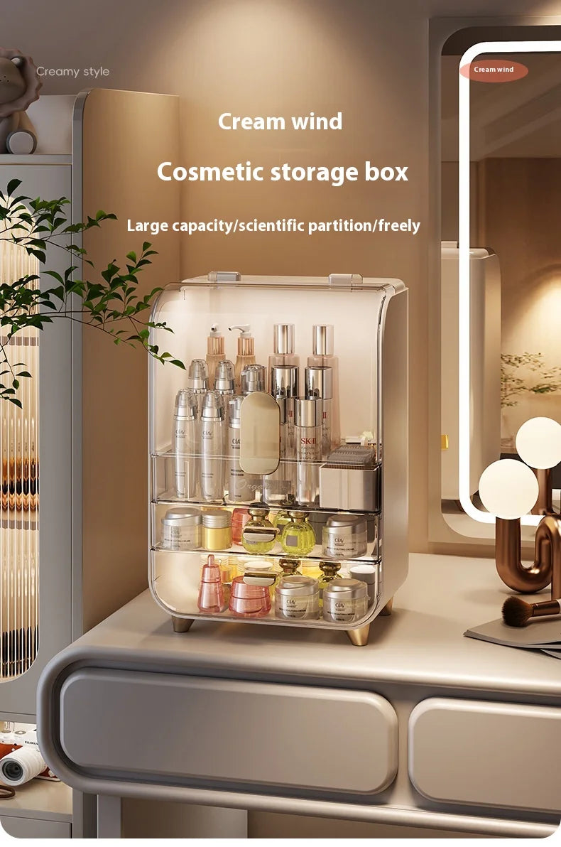 Transparent Large Capacity Storage Cabinet Dustproof Dressing Table Makeup Box Home Use Organizer for Cosmetics Plastic Aluminum
