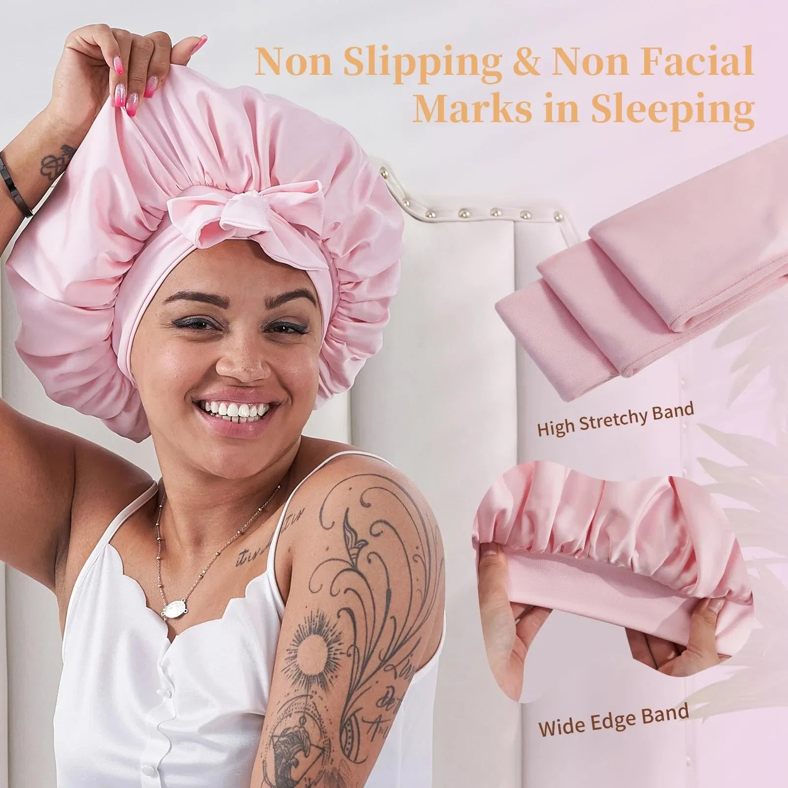 Bonnet en soie FCJ rose pour dormir Housse de cheveux en satin pour cheveux naturels bouclés ondulés Bonnet uni pour femmes et hommes - pour les voyages