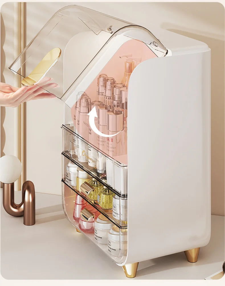 Transparent Large Capacity Storage Cabinet Dustproof Dressing Table Makeup Box Home Use Organizer for Cosmetics Plastic Aluminum
