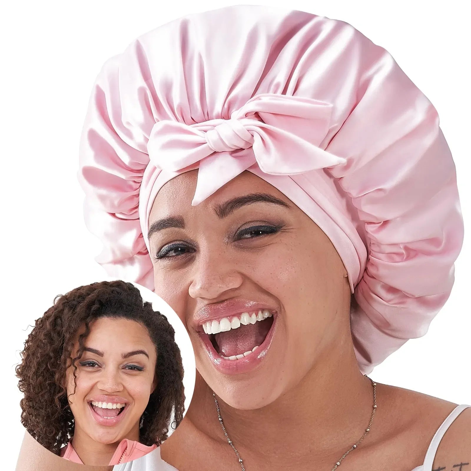 Bonnet en soie FCJ rose pour dormir Housse de cheveux en satin pour cheveux naturels bouclés ondulés Bonnet uni pour femmes et hommes - pour les voyages