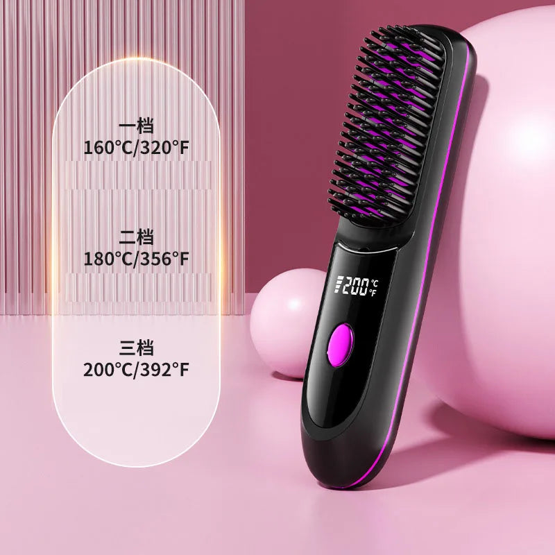Straightening Brush with Negative Ions Wireless Straightening Brush Gentle on Hair Portable Curling Iron with Stand