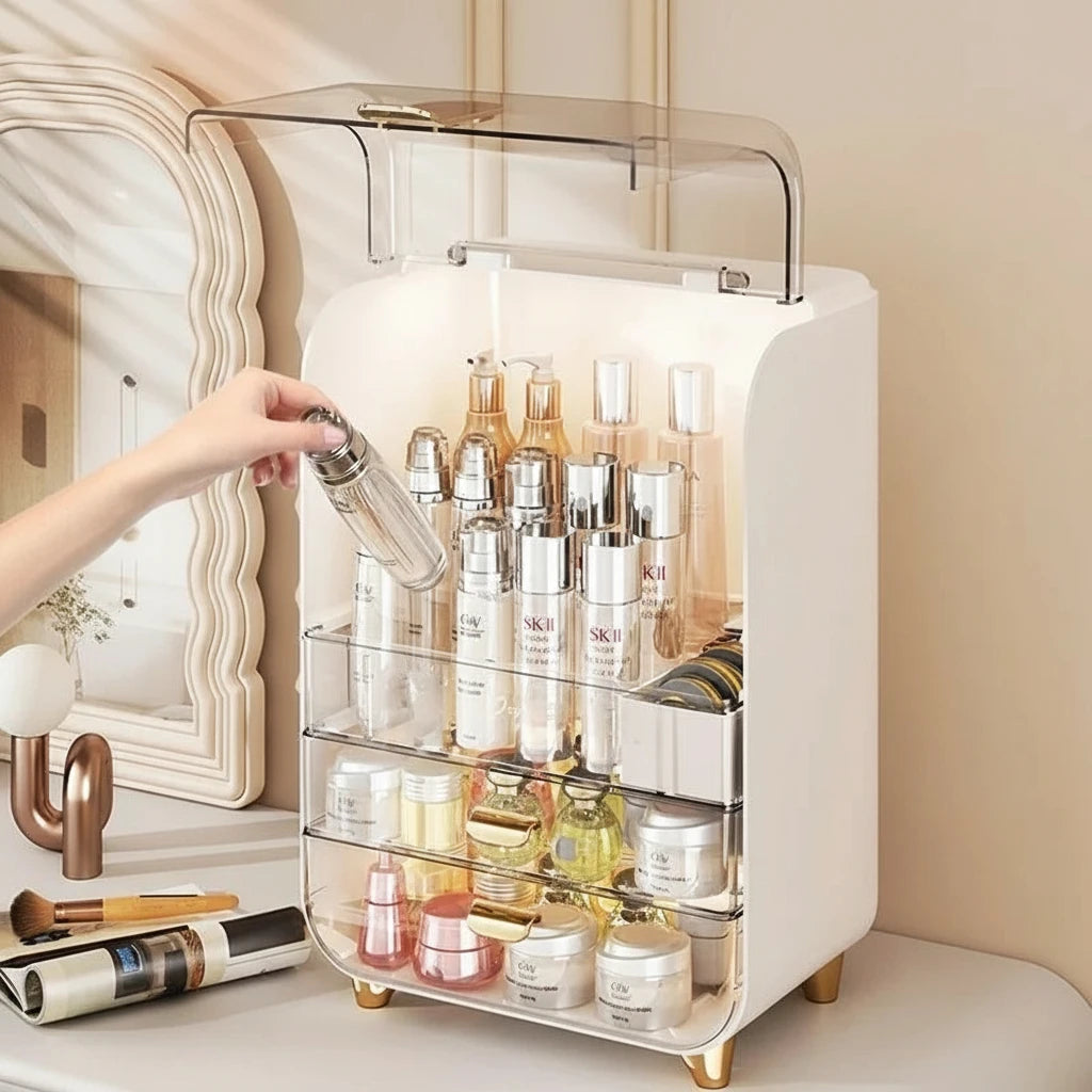 Transparent Large Capacity Storage Cabinet Dustproof Dressing Table Makeup Box Home Use Organizer for Cosmetics Plastic Aluminum