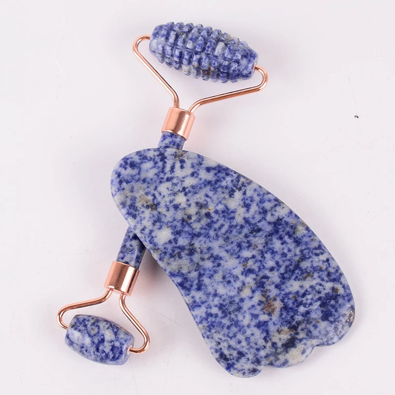 Shoulder Neck Massager Sodalite Sawtooth Face Roller Natural Stone Body Care Gua Sha Massage Tool acupuncture Health Beauty Set