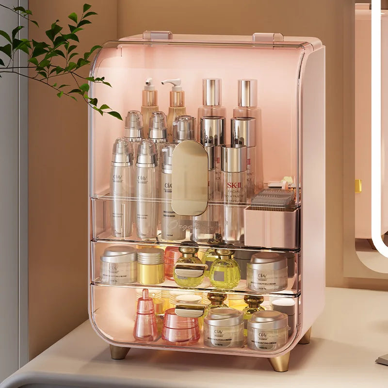 Transparent Large Capacity Storage Cabinet Dustproof Dressing Table Makeup Box Home Use Organizer for Cosmetics Plastic Aluminum
