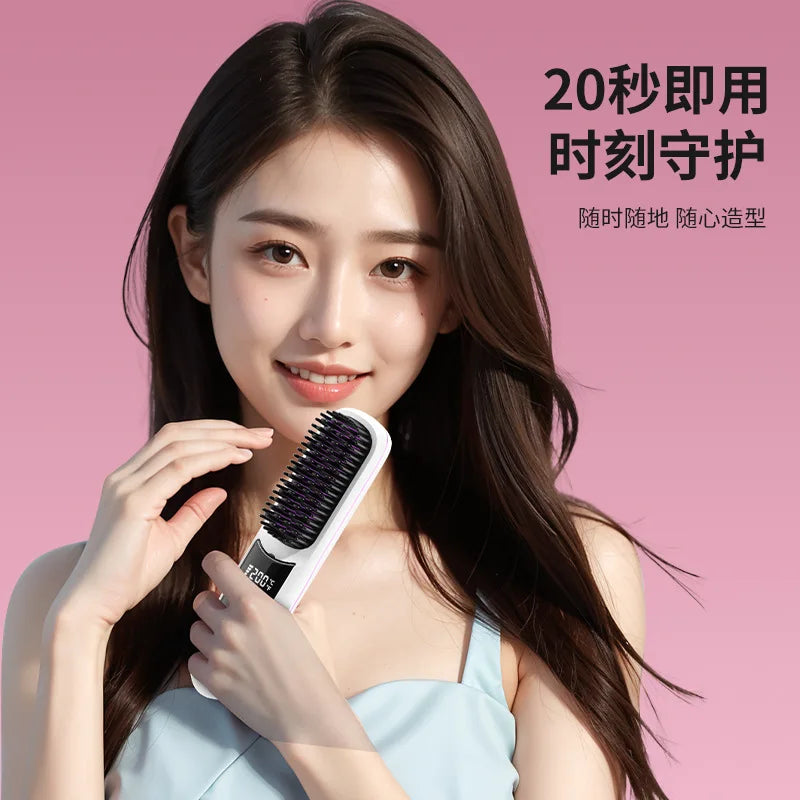 Straightening Brush with Negative Ions Wireless Straightening Brush Gentle on Hair Portable Curling Iron with Stand