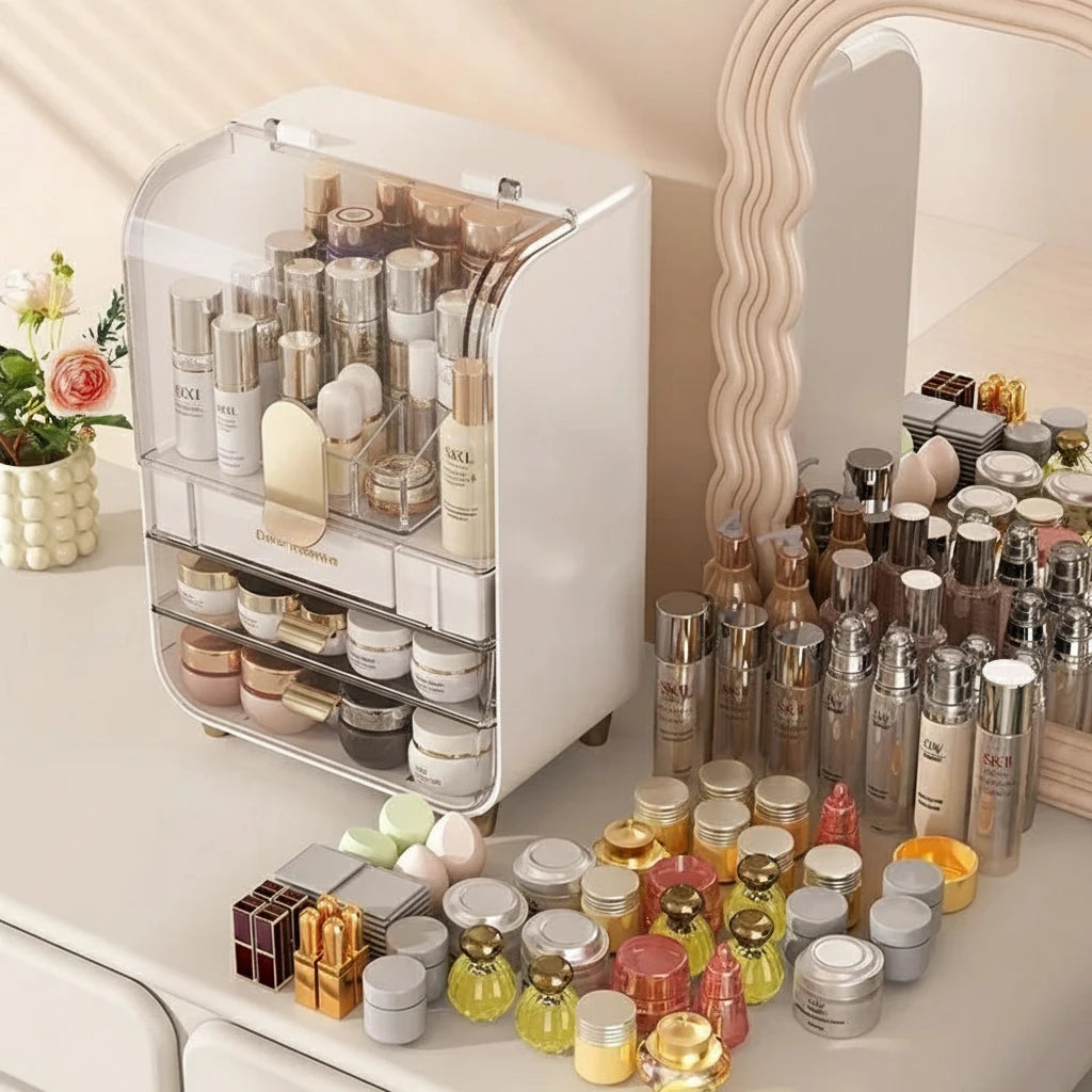 Transparent Large Capacity Storage Cabinet Dustproof Dressing Table Makeup Box Home Use Organizer for Cosmetics Plastic Aluminum