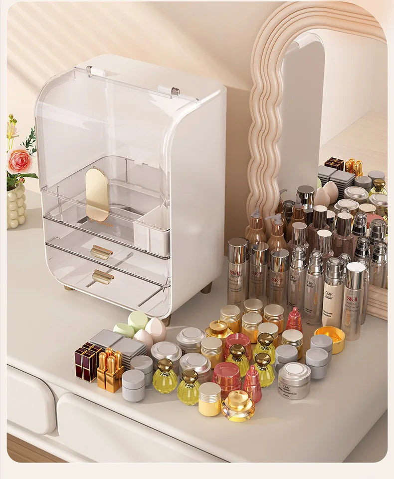 Transparent Large Capacity Storage Cabinet Dustproof Dressing Table Makeup Box Home Use Organizer for Cosmetics Plastic Aluminum