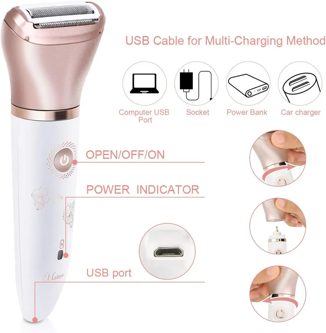 Rasoir électrique 2-en-1 pour femmes Épilateur pour le visage, les jambes et les aisselles humides et secs, avec 2 têtes de coupe