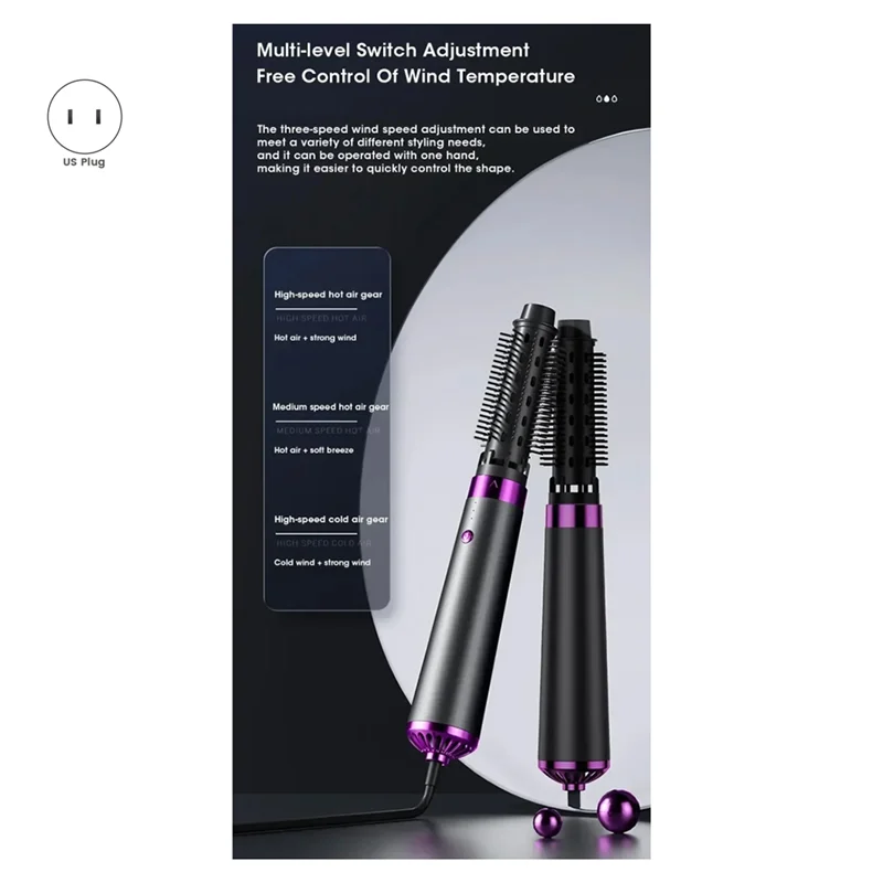 ABBZ-Sèche-cheveux multifonction 5 en 1 Peigne à air chaud Tige de curling automatique Peigne à cheveux droit Outil de coiffage Prise américaine à séchage rapide