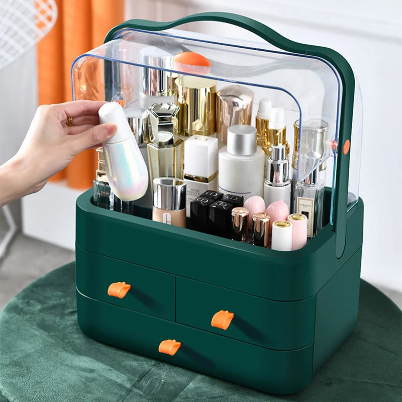 1pc Boîte de réception de cosmétiques Organisateur de maquillage de bureau anti-poussière avec tiroir pour produits de soins de la peau Étagère de boîte de rangement pour le ménage