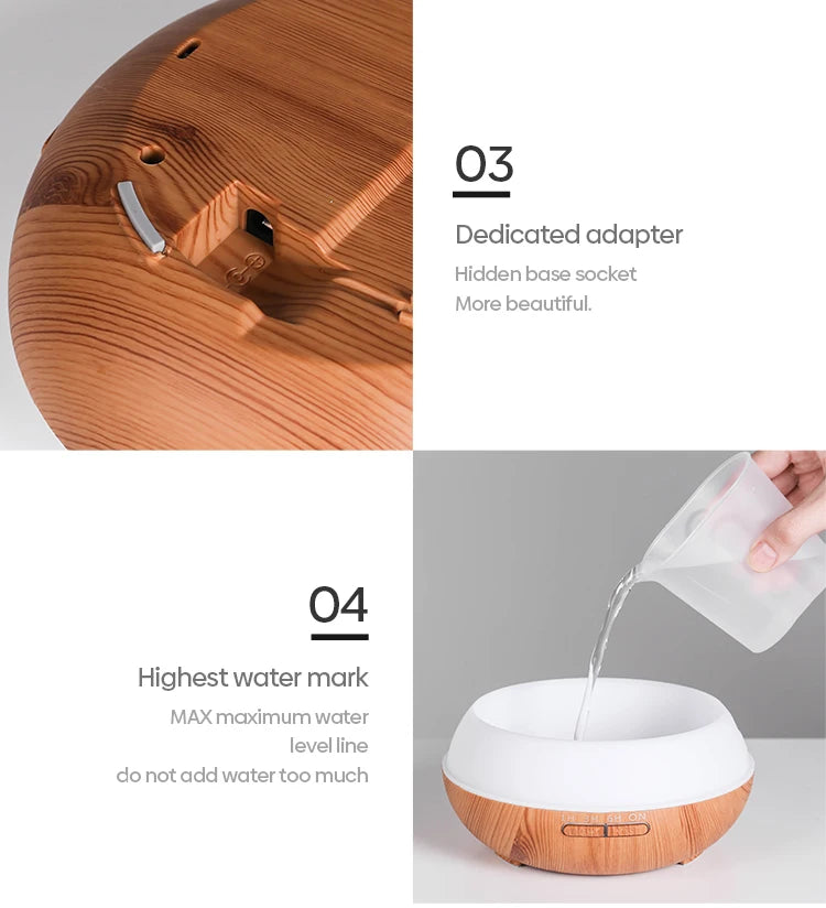Diffuseur d’huile essentielle d’aromathérapie de 500 ml de haute qualité Humidificateur d’air à ultrasons à télécommande de grain de bois avec 7 couleurs de lumière