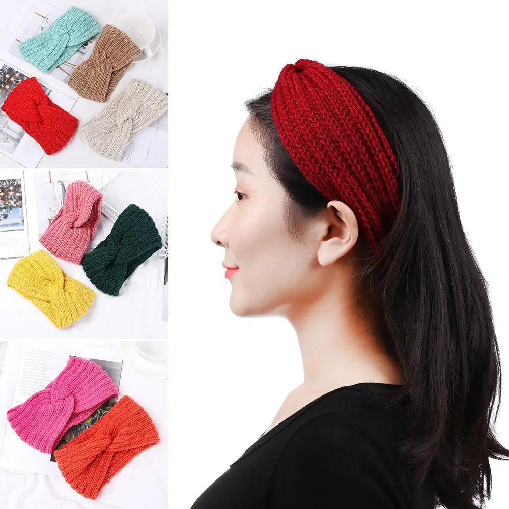 Women Weaving Cross Headband Knitting Warm Headwear Leopard Bowknot Turban Wide Fashion Winter Cycling Crochet Turban Colorful