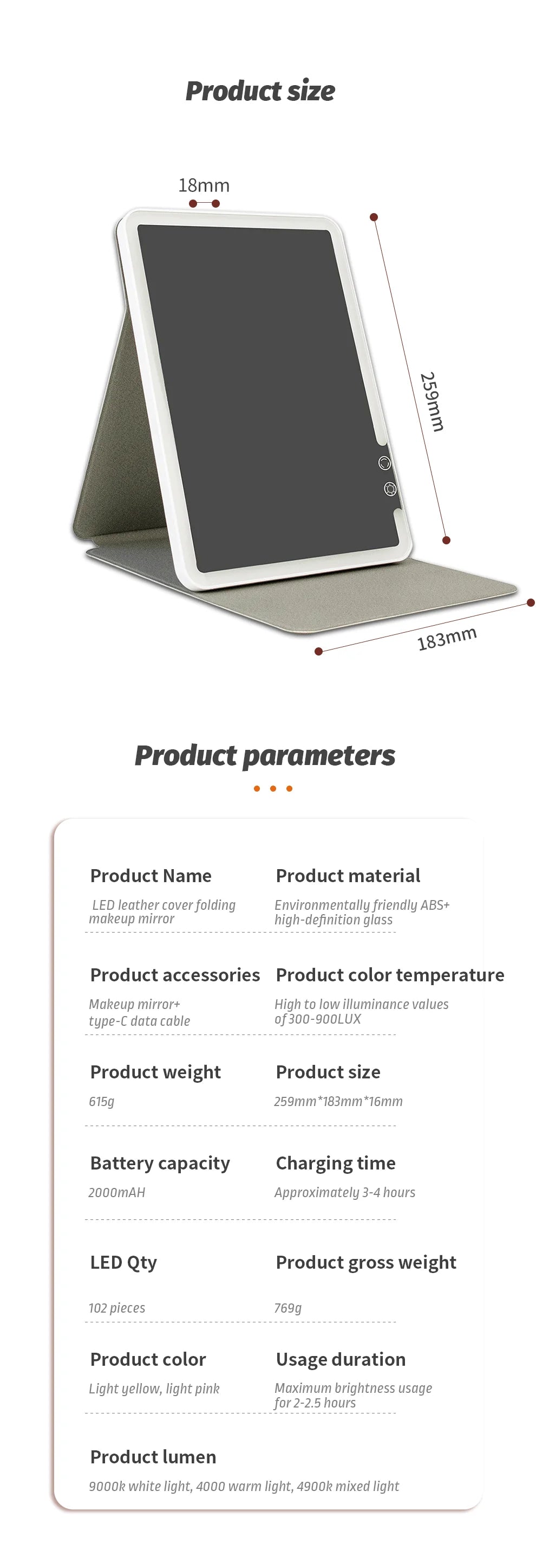 Makeup Mirror Foldable Portable 3-Color Dimmable Lighting Rechargeable Tabletop Folding Vanity Cosmetic Mirror with LED Lights