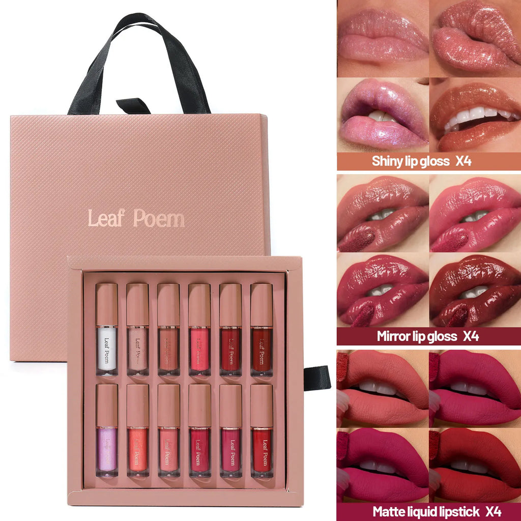12 Non Stick Cup Liquid Lip Gloss Lipstick Set With Long - lasting Color Rendering, Easy to Apply Matte Lip Makeup Gift Box