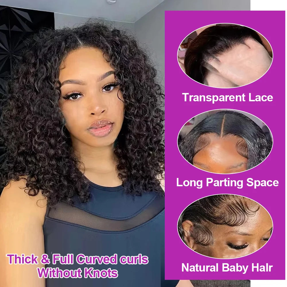 Brazilian Deep Water Wave Curly Bob 100% Human Hair Wigs Natural Black Deep Wave HD Lace Front 13x4 13x6 Transparent Lace Wigs