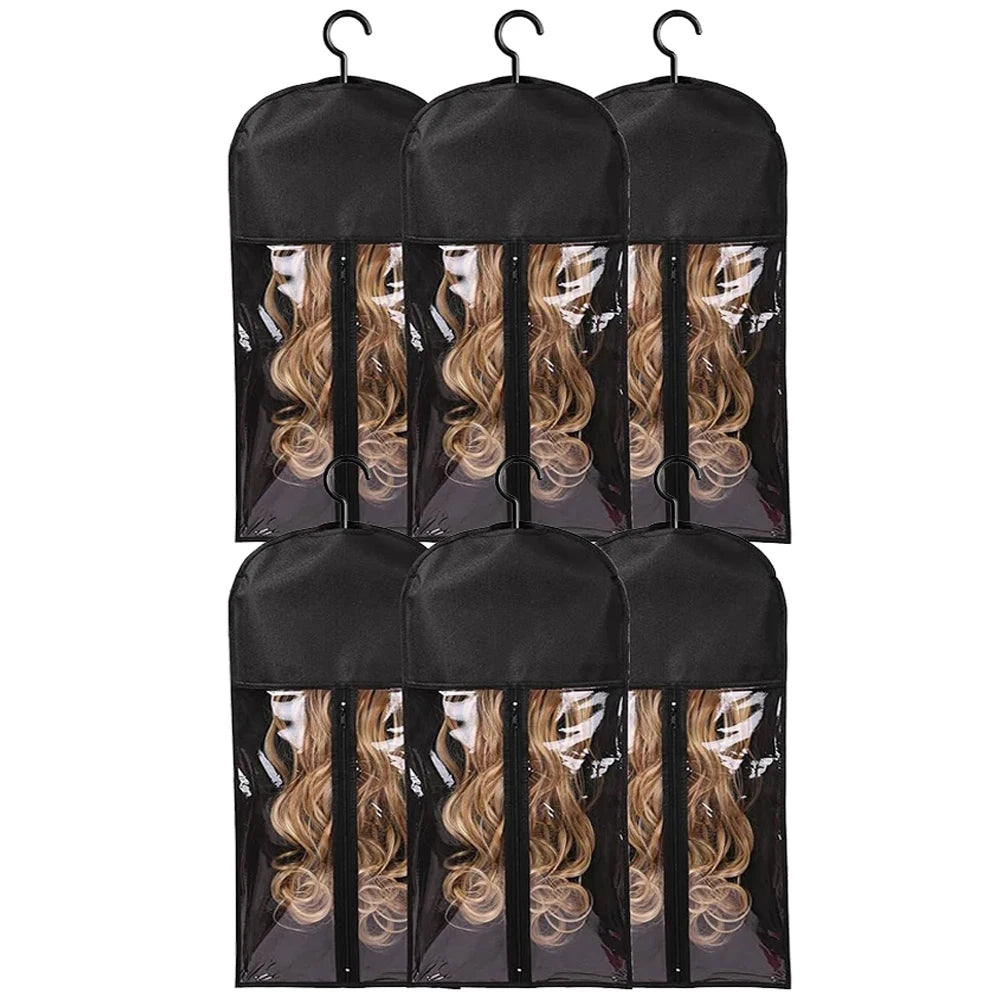 3pcs Premium Wig Storage Bags with Sturdy Metal Hangers - Black Transparent Design for Multiple Wigs & Hair Extensions