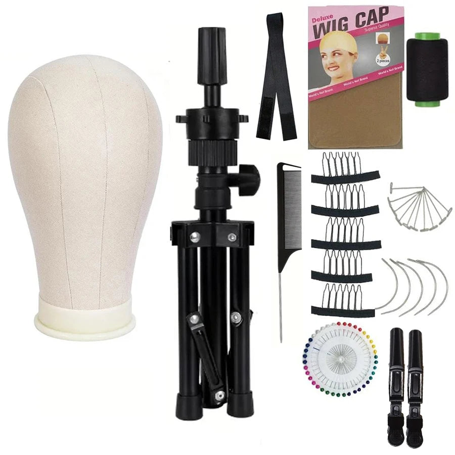 22 Inch Canvas Wig Head Stand, Wig Stand Tripod with Head, Mannequin Head for Wigs, Manikin Canvas Block Head Set Making Display