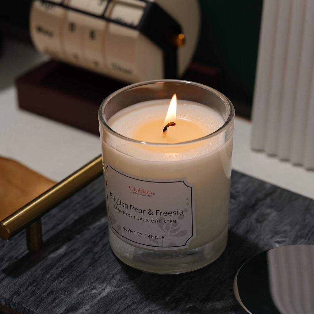 Scented Candle English Pear and Freesia Aromatherapy Candle Glass Jar + Lid 7oz for Home 45 Hours Burn Time Gift for Birthday