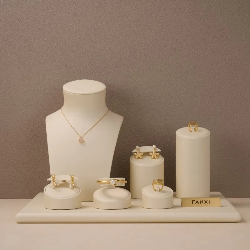 Ciyye Beige Jewelry Counter Display Set Props Shop Cabinet Display for Necklace Earring Ring Jewelry Stand Storage Organizer Set