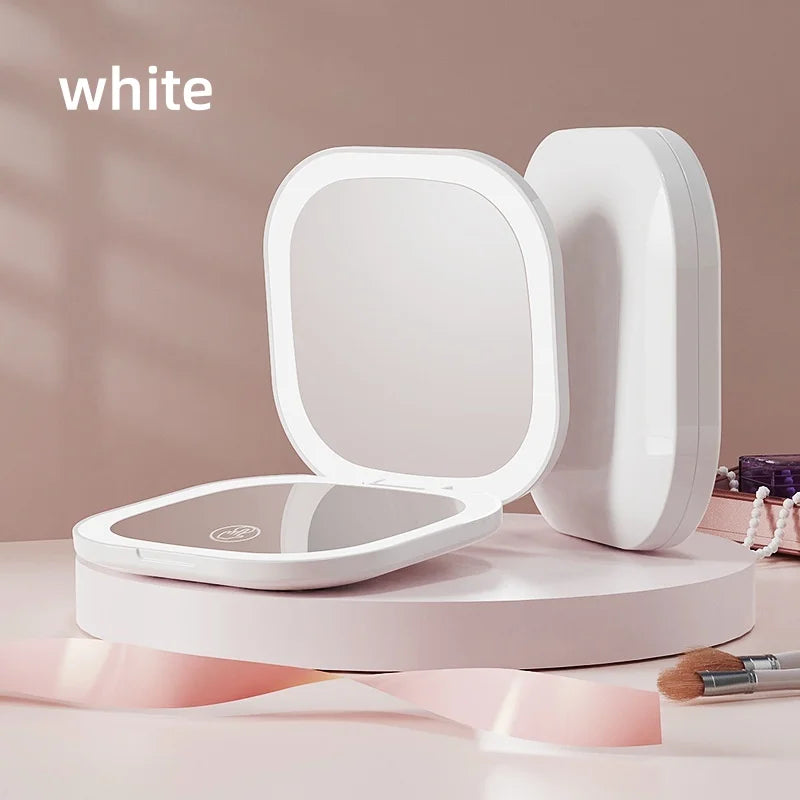 Double Sided LED Makeup Mirror Adjustable Color 3x Magnification USB Charging Portable Folding Mirror for Women's Outdoor Use